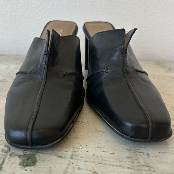 Vintage Nicole Black Leather Mules square toe block heel 90s Y2K minimalist 8 - Picture 10 of 13